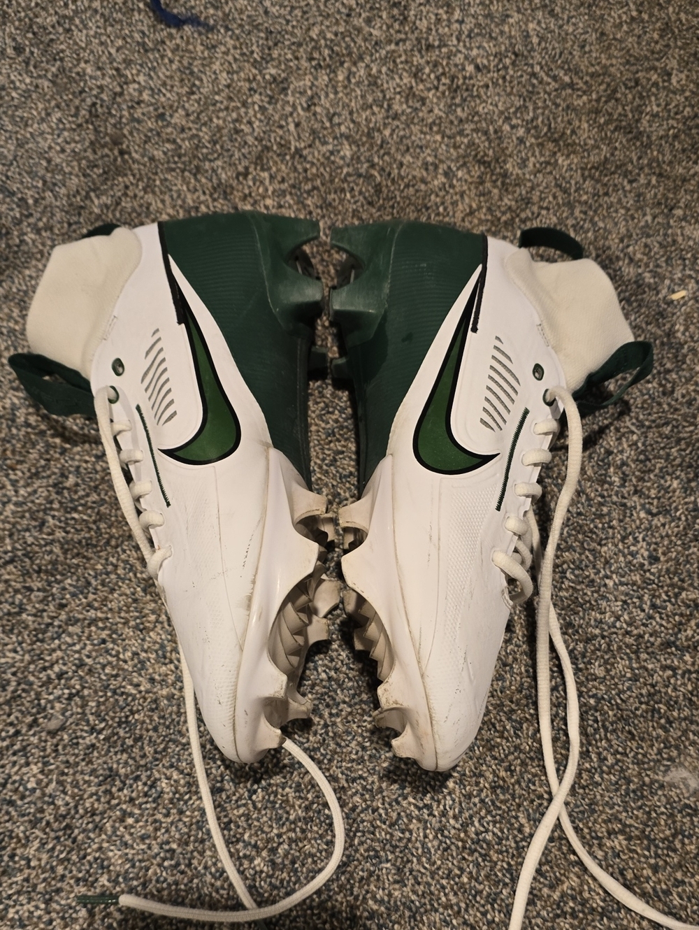 Mens Nike Vapor White and Dark Green Football Cleats with Black And Green Swoosh